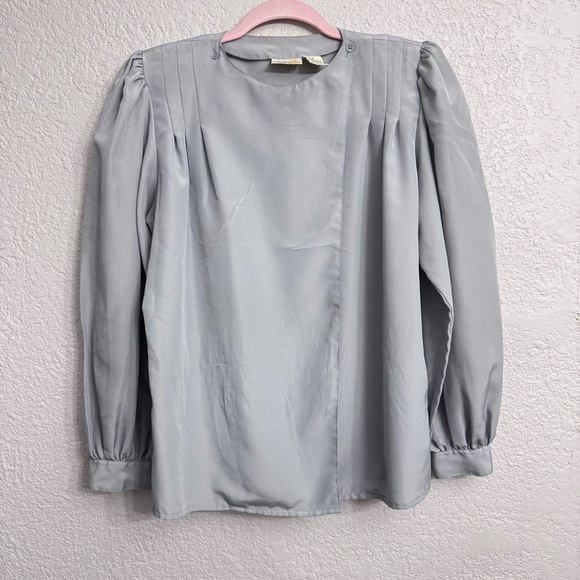 Vintage 80’s Liz Claiborne Silver Gray Padded Shoulder Blouse Size 8 - Picture 1 of 7
